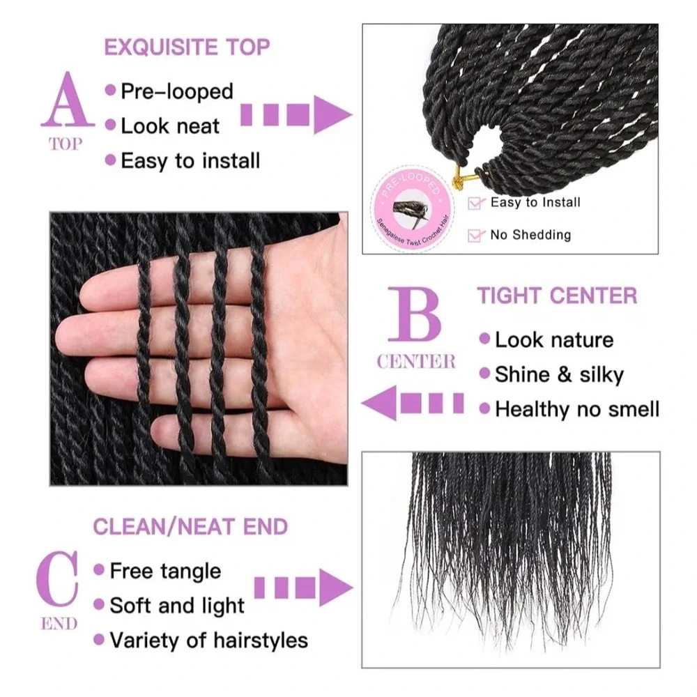 ZRQ 20 Inch 8 Packs Senegalese Twist Crochet Hair #1B Black Synthetic Extensions
